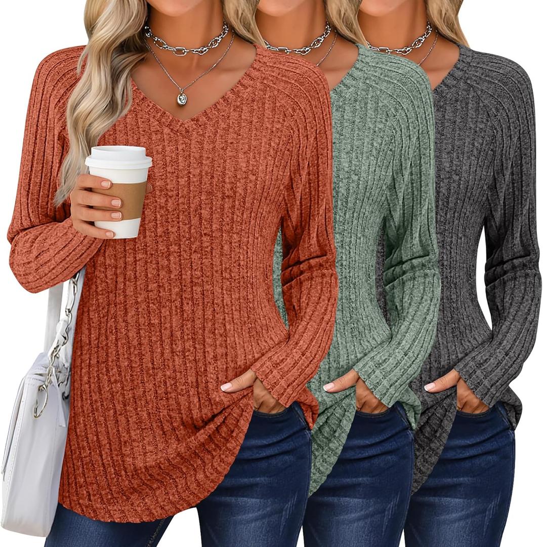 3 Pack Womens Long Sleeve Shirts V Neck Tunic Tops Loose Fit Lightweight Sweaters Basic Casual Fall Clothes (XX-Large, Dark Gray, Green, Caramel)