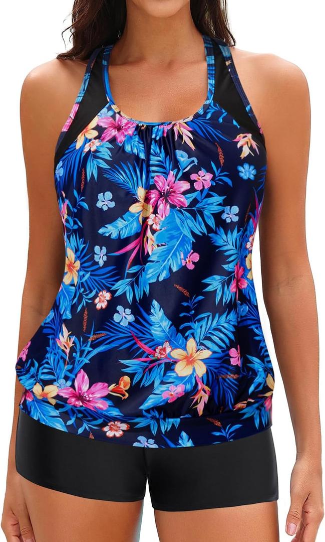 Women Two Piece Tankini Swimsuits - Tummy Control Bathing Suits Top with Shorts 2025 Blouson Swimwear (Large, Blue Floral)