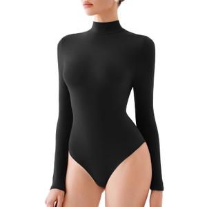REORIA Women's Turtle Neck Long Sleeve Bodysuit Basic Slim Fit Double Lined Lightweight Layering Top for Fall & Winter (Large, Black)