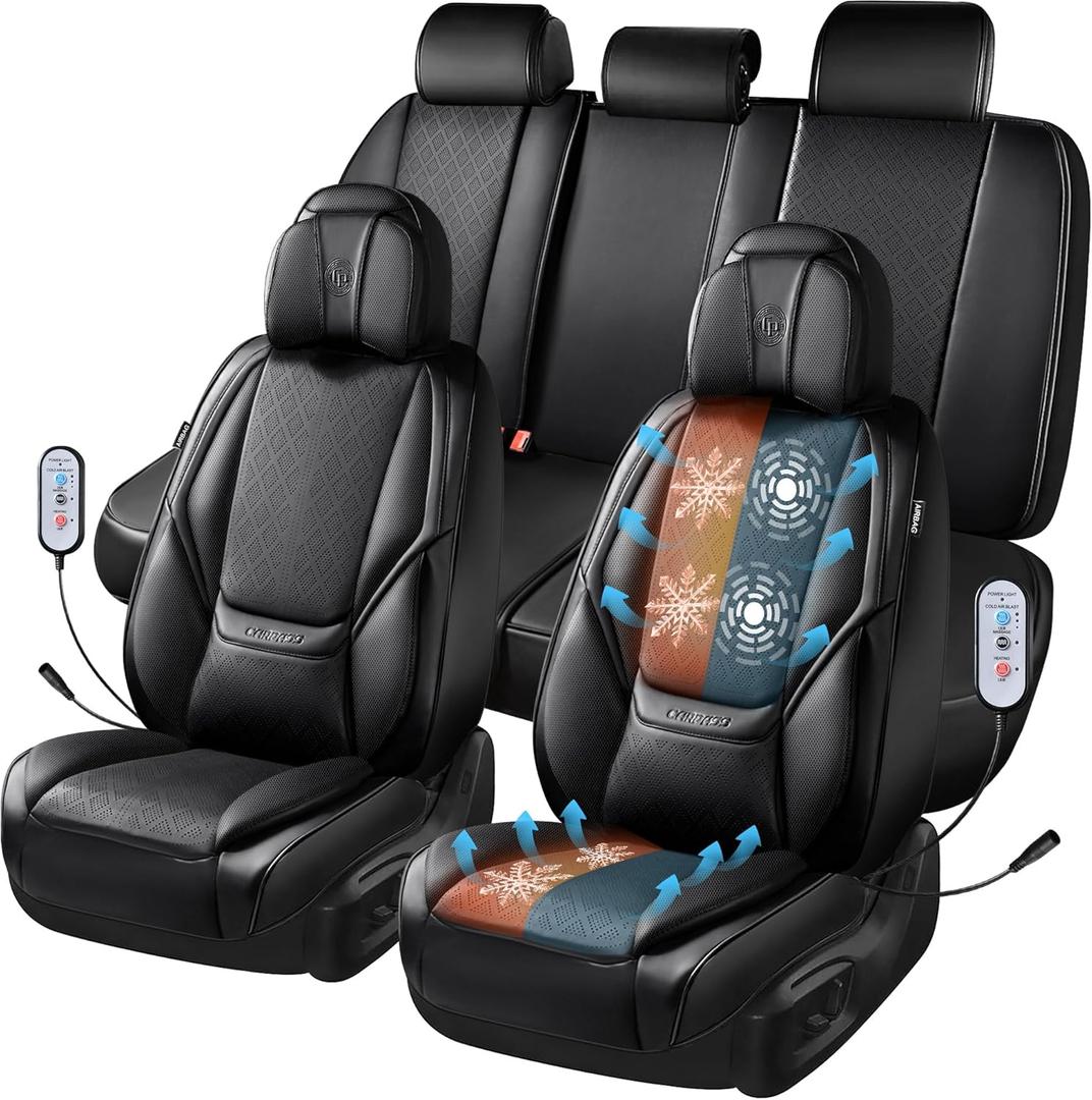 CAR PASS Ventilation Cooling Seat Cover,Luxury Nappa Leather 5 Seat Cover with Vibrate Massage 12V, Lumbar Support, Seat Covers for SUVs,Pickups,Trucks,Vehicles (Solid Black) (Full Sets)