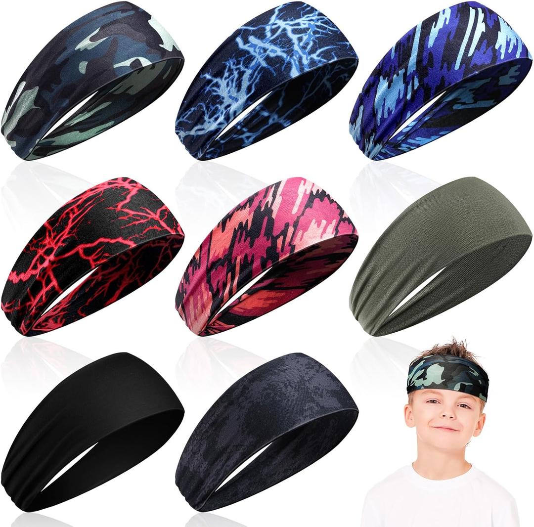 Zhanmai 8 Pieces Boys Headbands Athletic Sweatbands Kids Sports Wicking Breathable Headbands Elastic Girls Boys for Football Basketball Running Exercise