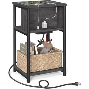 VASAGLE Side Table with Charging Station, 3-Tier End Table with USB Ports and Outlets, Nightstand for Living Room, Bedroom, 11.8 x 13.4 x 22.8 Inches, Plug-in Series, Misty Gray and Black
