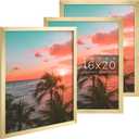 AUEAR, 16x20 Picture Frames Set of 3, with Mat for 11x14 or 16x20 without Mat, Engineered Wood Photo Frames with Plexiglass, Wall Mounting (Gold)