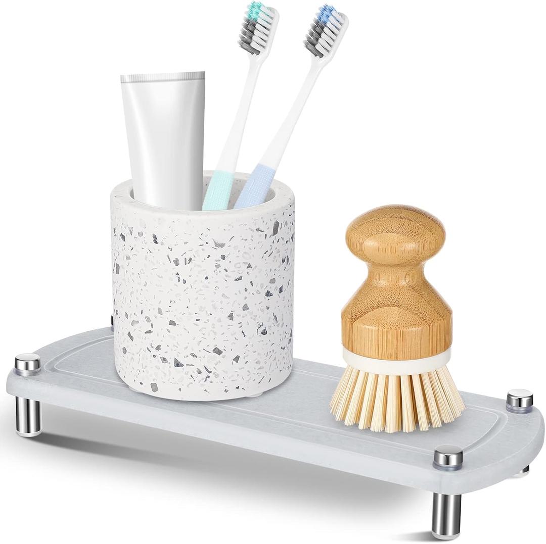 2 x Sink Caddy, Instant Dry Bathroom Kitchen Sink Organizer, Water Absorbing Stone Tray for Soap Bottle Sponge Brush Candles (Light Grey)