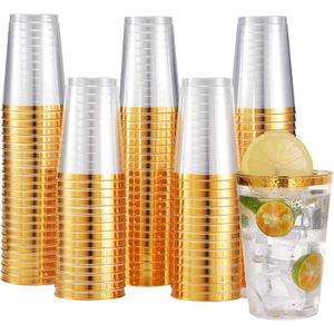 JOLLY CHEF 100 Pack 12 oz Gold Plastic Cups Tumblers Elegant Gold Rimmed Disposable Cups Perfect for Thanksgiving Day Christmas
