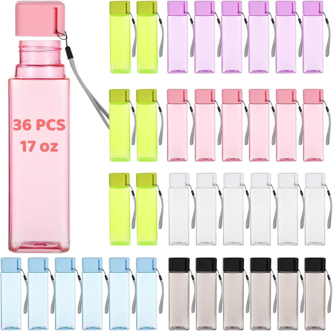 OMISTAR 36 PCS Water Bottles Bulk, 17 oz Colorful Plastic Water Bottles, Reusable Leak Proof Portable Water Bottle With Handle Strap for School Classroom Travel Camping Cycling Fitness (6 Colors)