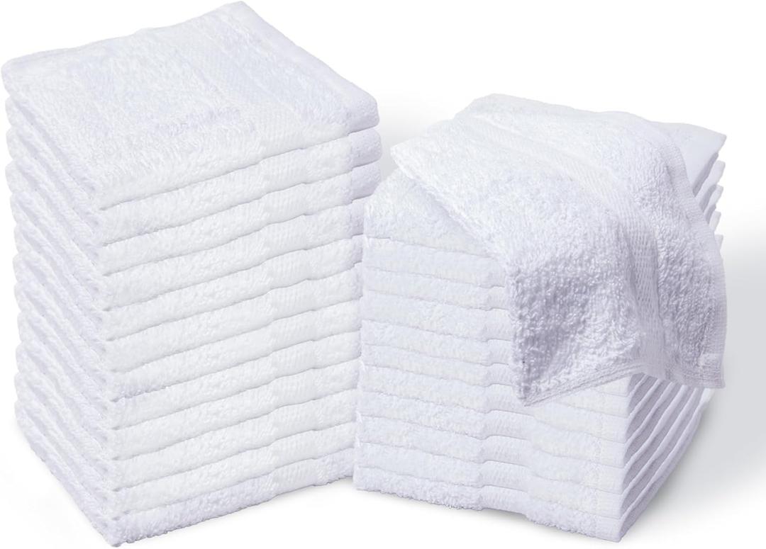 Living Fashions Premium White Cotton Washcloths Set of 24 - Thick Loop Pile Wash Cloths 12"x12" - Ultra-Soft 100% Ring-Spun Cotton Face Towels - Luxury Spa Quality Face Cloths