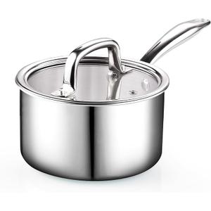 Cook N Home Stainless Steel Saucepan 3 Quart, Tri-Ply Full Clad Sauce Pan with Glass Lid, Silver