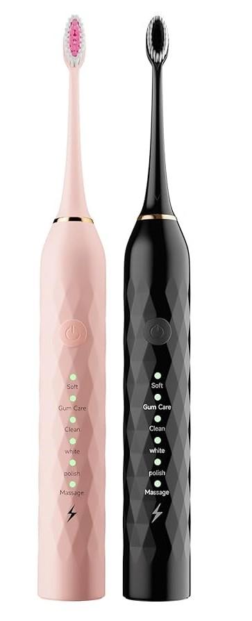 MAXWISDOM Electric Toothbrush 2 Pack - Electric Toothbrush for Adults with 4 Replacement Brush Heads, 2 Toothbrush Holders, 4Modes, Smart Timer, 2 Hours Charge for 60 Days (Black & Pink)