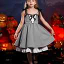 IDOPIP Toddler Baby Girls Halloween Tutu Dress Black and White Striped Dresses Smocked Bowknot Birthday Party Dress up Outfit (18-24 Months)