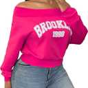SOLY HUX Women's Letter Graphic Sweatshirt Off Shoulder Long Sleeve Cropped Pullover Top HotPink Letter Small (Pink, S)