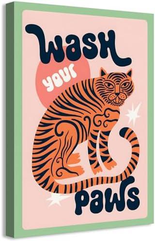 Framed Funny Bathroom Animal Wall Art Pictures Fun Toilet Canvas Prints Trendy Tiger Wash Your Paws Posters Funky Home Wall Decor 16x24in
