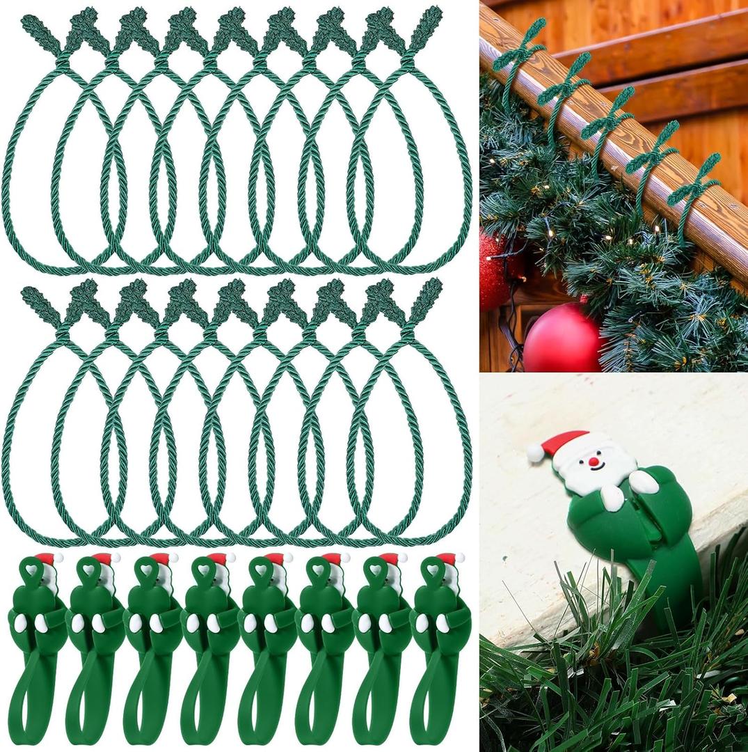 Zhengmy 24 Pcs Christmas Garland Ties and Christmas Garland Hanger Set for Banister Railing and Mantle Wreath Twist Ties Reusable Adhesive Straps for Xmas Home Decoration Holiday Wrapping(Santa Claus)