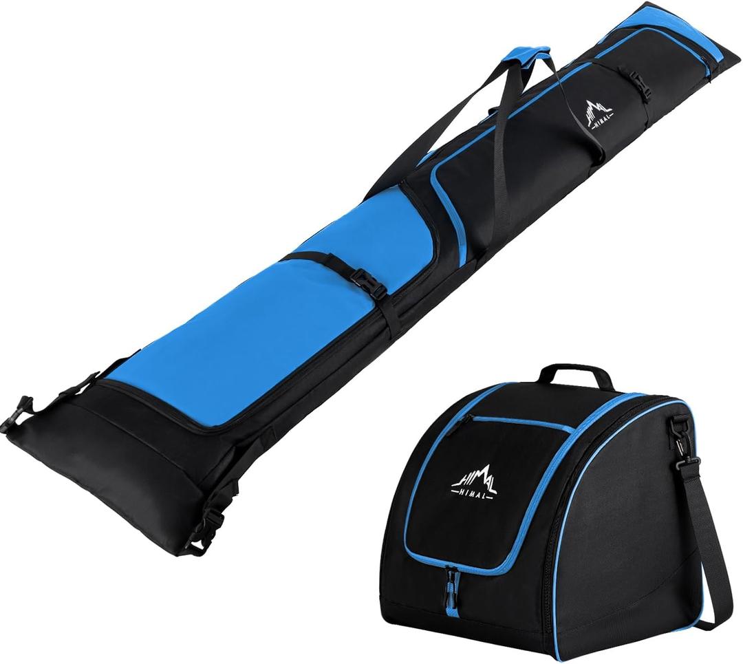Ski Bag and Boot Bag Combo, Padded Skis Bag for Air Travel, Safety Reinforce Ski Carrier Bag Fits for Skis Up to 200 CM and Boots Up To Size US13, Water- resistant Ski Travel Bag (Black & Blue)