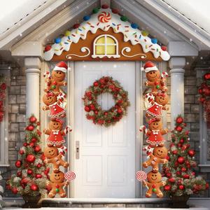 Moukeren Christmas Door Decorations, 3 Pcs Gingerbread Man Party Porch Banner Set with Cute Candy and Cookie Design, PVC Hanging Rope, Holiday Door Frame Decor for Christmas Classroom and Winter Party