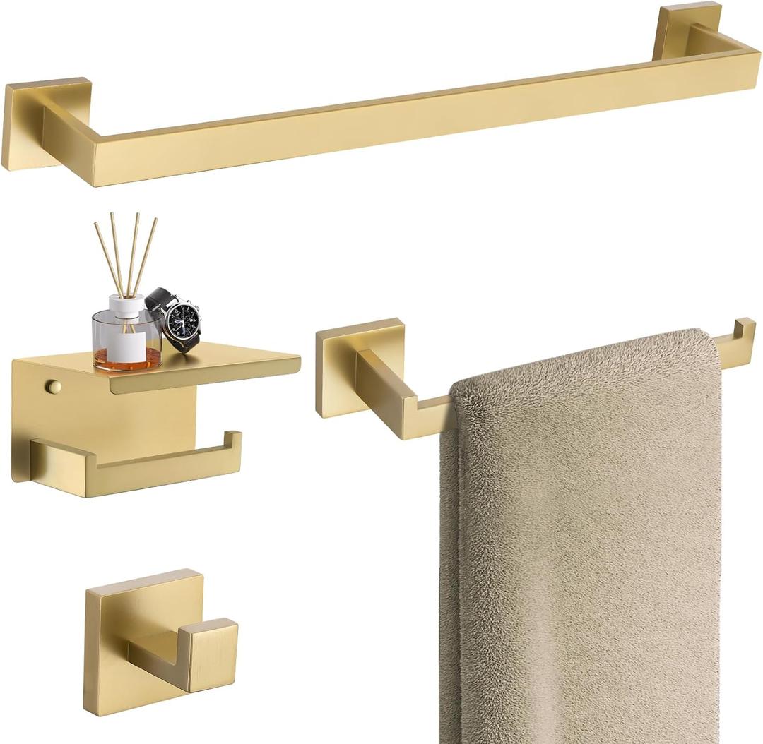 TURS Brushed Gold Bathroom Hardware Set 4-Piece Bath Towel Bar Set 24 Inch Stainless Steel Towel Holder Set for Bathroom Wall Mounted