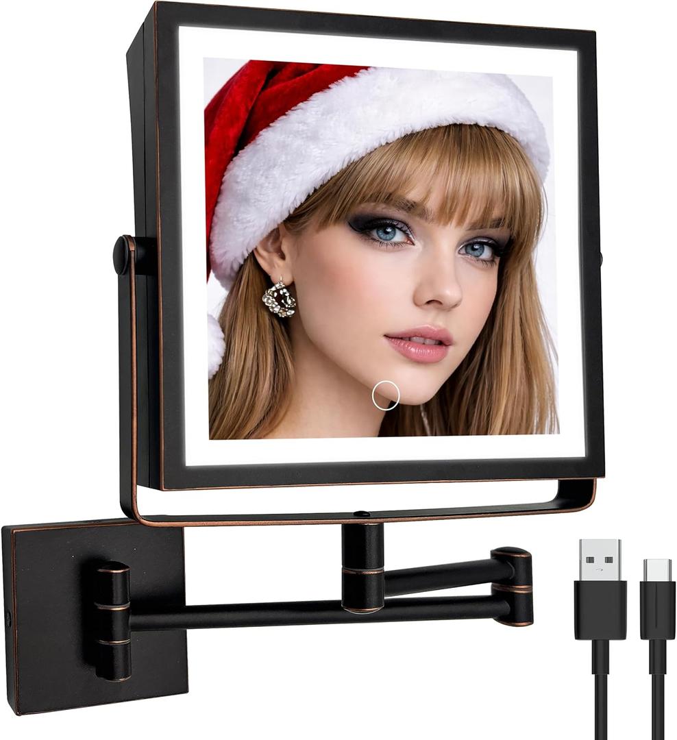 Ruacq Rechargeable Wall Mounted Makeup Mirror with Lights, Double Sided 1X/10X Magnifying Vanity Mirror with 3 Color Lights, Touch Screen Dimmable, 360 Rotation Foldable Arm (Oil Rubbed Bronze)