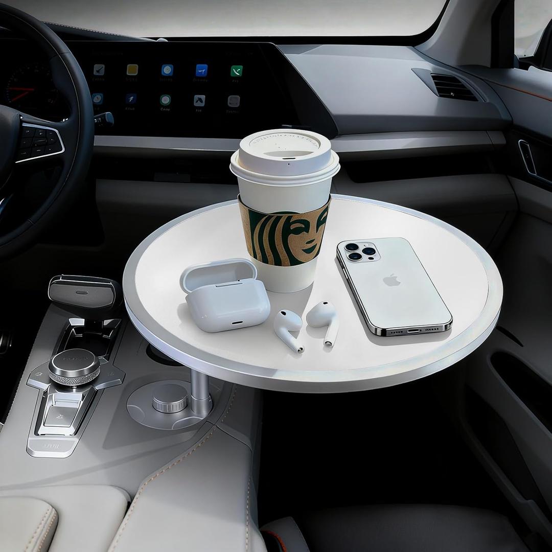 Car Tray Table & Car Desk for Laptop with 2 Risers and Anti-Slip Pad, 360 Rotating Cup Holder for Working and Eating Compatible with Tesla Model 3/Y/S, Ford F150/Explorer/Maverick & Most Vehicles/EV