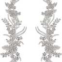 FINGERINSPIRE 1 Pair Rhinestones Lace Applique, 13x4.3x0.2 Inch White Handmade Floral Embroidery Beaded Lace Rhinestone Patch Sewing Beaded Applique for DIY Clothing and Craft Decoration