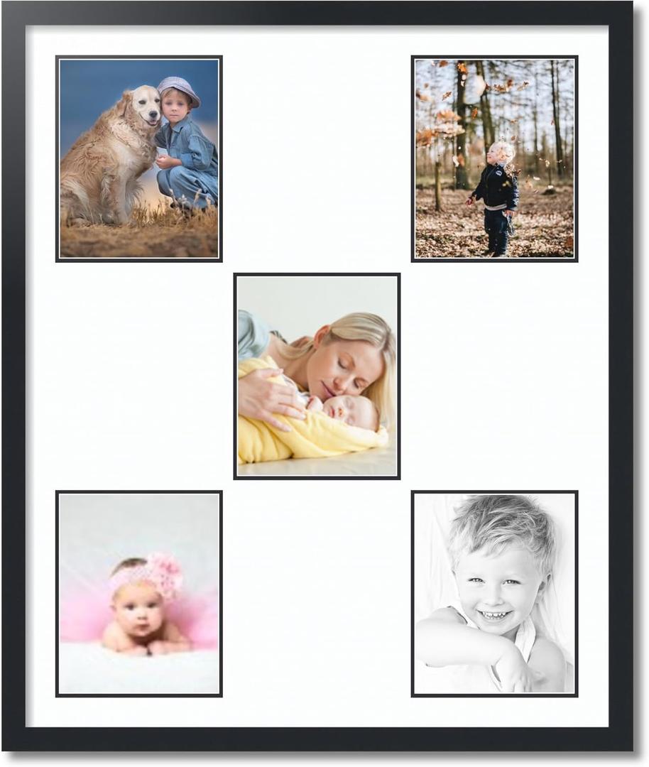 ArtToFrames Collage Photo Frame Double Mat with 5-8x10 Openings with Satin Black Frame and Super White mat.
