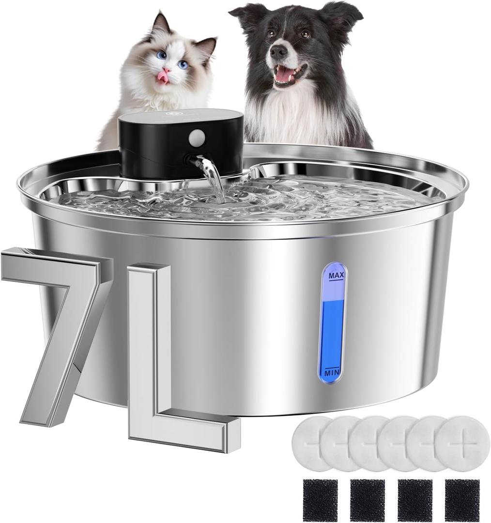 Wireless Dog Water Fountain for Large Dogs, 7L/236oz Stainless Steel Dog Water Bowl Dispenser, 6000mAh Battery Operated Cat Water Fountain Indoor with Motion Sensor, 6 Filters, BPA-Free