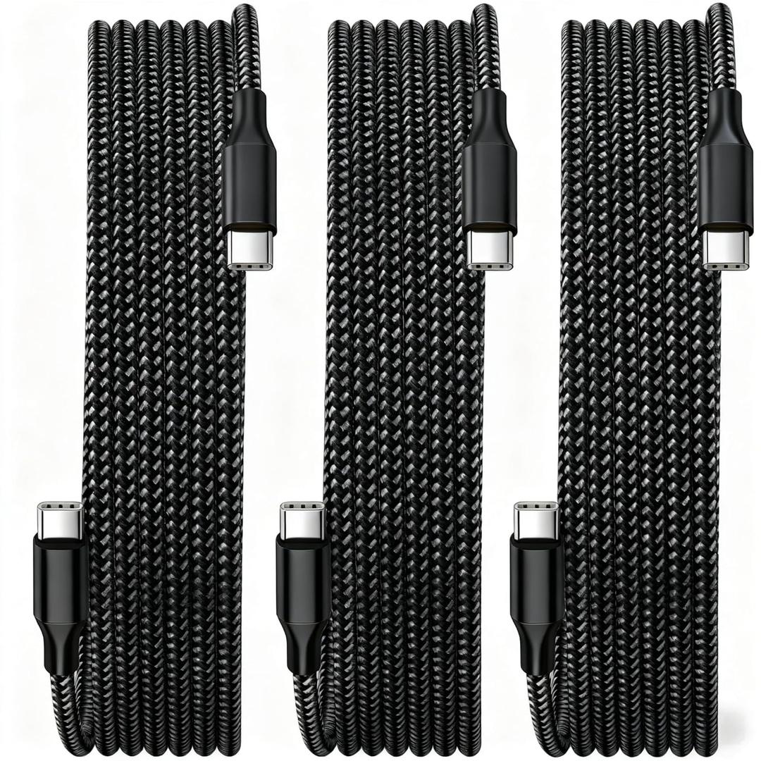 USB C Cable,3 Pack 10FT USB C to USB C 60W Fast Charging Cable, Nylon Braided Type C Charger Cable for iPhone 17/16/15/iPad MacBook Galaxy Support Car Play and More-Black White