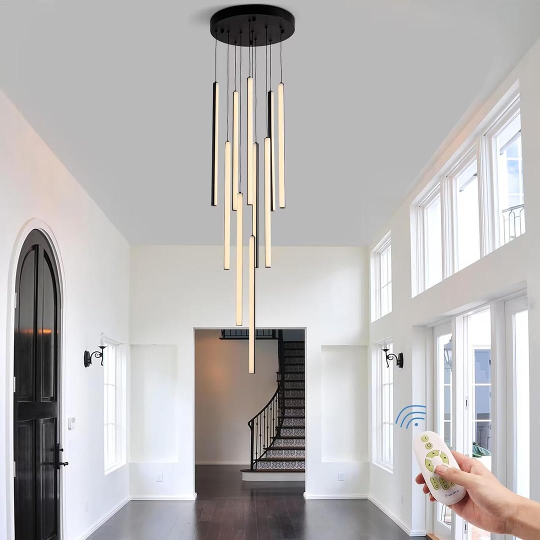 HuisMier Modern LED Chandelier, 10 Lights Black Dimmable Linear Pendant Light with Remote Control, High Ceiling Chandelier Adjustable Height for Staircase Living Room Hallway Foyer