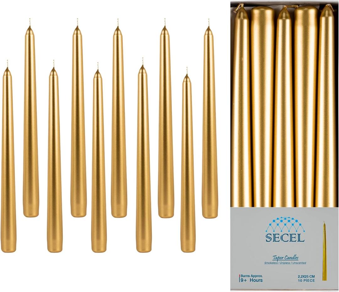 Pack of 10 Taper Candles, 10 Hours Time, Dripless, Smokeless, Paraffin Wax, with Cotton Wicks, 10 inches, Colorful, Birthday, Home Decor, Weddings, Valentines Day (10, Metallic Gold)