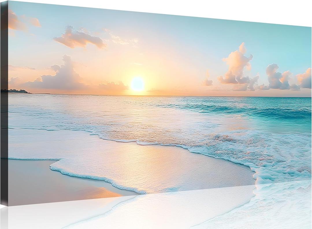 TutuBeer Beach Pictures Wall Art Beach Canvas Wall Art White Ocean at Sunrise Print on Canvas Seascape Paintings Coastal Picture Framed Artwork for Bathroom Living Room Office Home Decor 16" x 32"