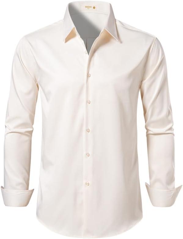 Men's Dress Shirts Formal Slim Fit Stretch Long Sleeve Button Down Shirt for Men Wrinkle Free Collar Business Shirts (L)