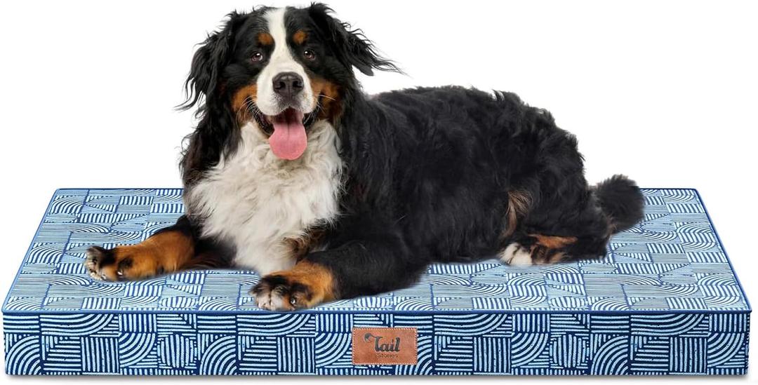 Outdoor Extra Large Dog Crate Bed, XXL Waterproof Dog Bed for Giant Breeds Dogs, 47x29 Inch Orthopedic Egg Crate Foam Pet Mat with Removable Cooling Cover, White Blue