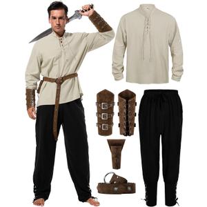 Renaissance Costume Men, Medieval Costume Men Renaissance Outfit Viking Shirt Pants Halloween Belt Accessories (X-Large, Beige, Black)