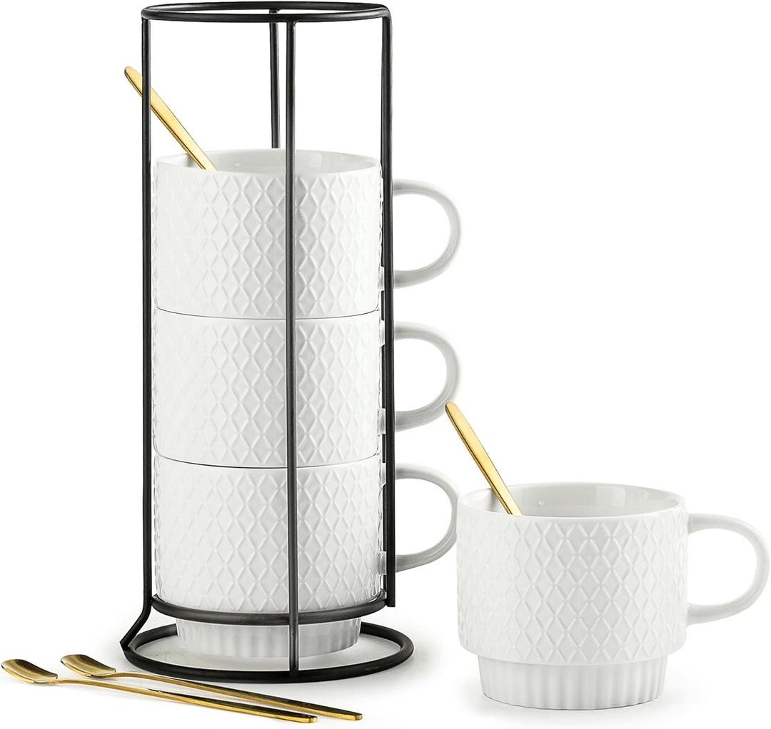 LYEOBOH Stackable Coffee Mugs with Rack, 13 oz Ceramic Coffee Mug Set of 4 with Stand, Latte Cup with Spoon, Cappuccino Cups for Hot Cocoa, Milk, White