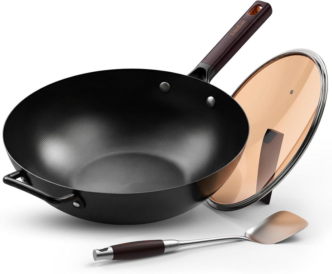 13.5" Carbon Steel Wok Pan - Pre-Seasoned Flat Bottom Woks & Stir-fry Pans Chinese Cookware with Lid & Spatula - For Pan-fry,Stir Fry, Steam, BBQ & Camping - Compatible with Induction, Gas
