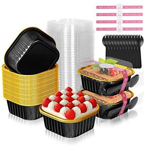 HEYYUMI 10oz Aluminum Foil Brownie Pans with Lids and Spoons, 25 Pack Square 4”X4” Disposable Ramekins Muffin Tins,Mini Cake Pans Baking Cups,Individual Cupcake Containers Dessert Cups - Black Gold