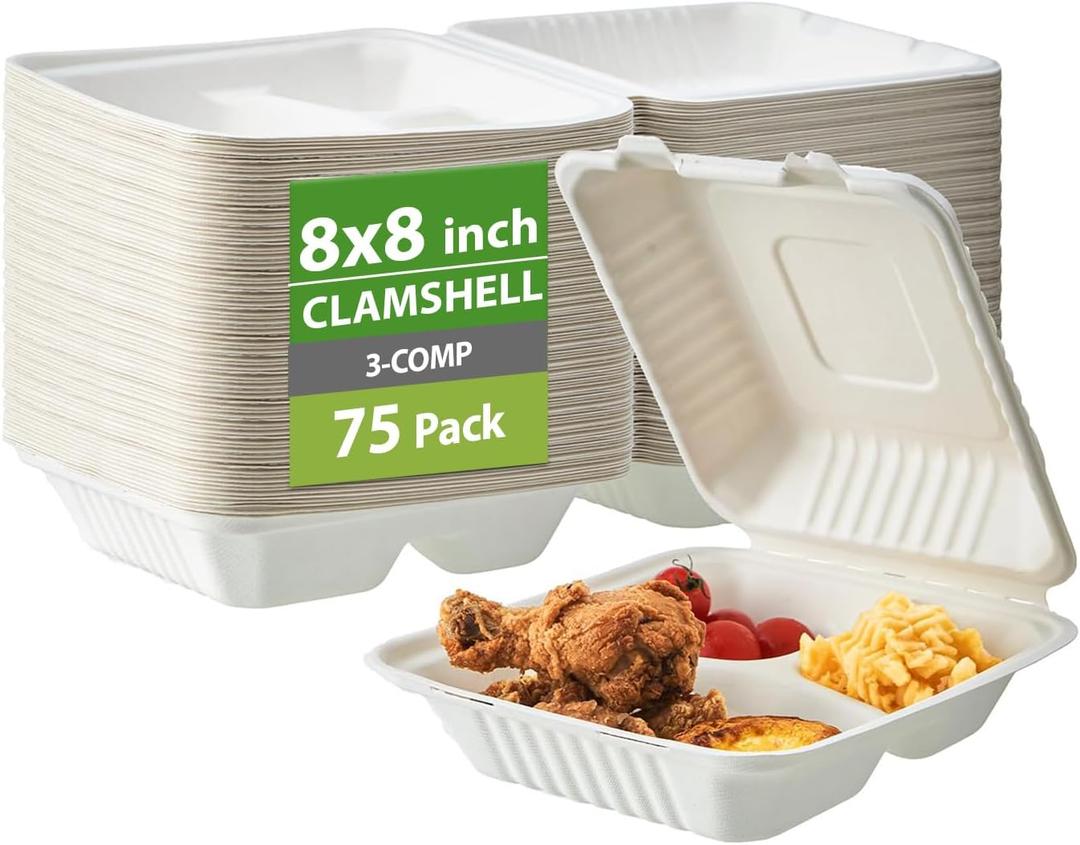 Jaluxing [8X8 3-Compartment 75-Pack Bio Natural Clamshell Take Out Food Containers with Lids, Disposable Bagasse Togo Boxes, Eco-Friendly Biodegradable Made of Sugar Cane Fibers