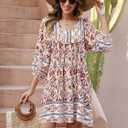 Qearal Women's Casual V Neck 3/4 Sleeve Boho Floral Printed Loose Short Flowy Summer Beach Vacation Dress (XX-Large, Coffee White)