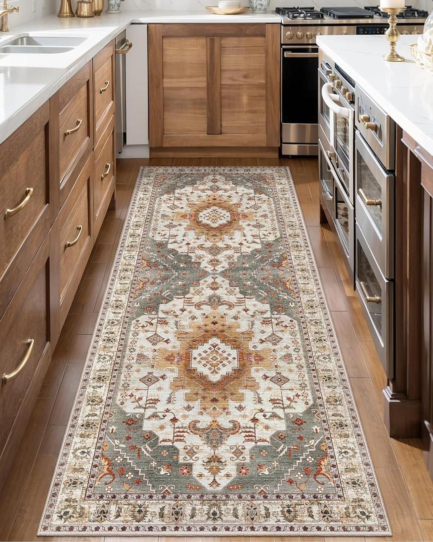 Tangsoo 2.6x8 Washable Runner Rug for Hallways, Non Slip Vintage Rug, Soft Low Pile Long Runner, Blue Carpet Runners for Kitchen Bedroom Entryway Bathroom Living Room