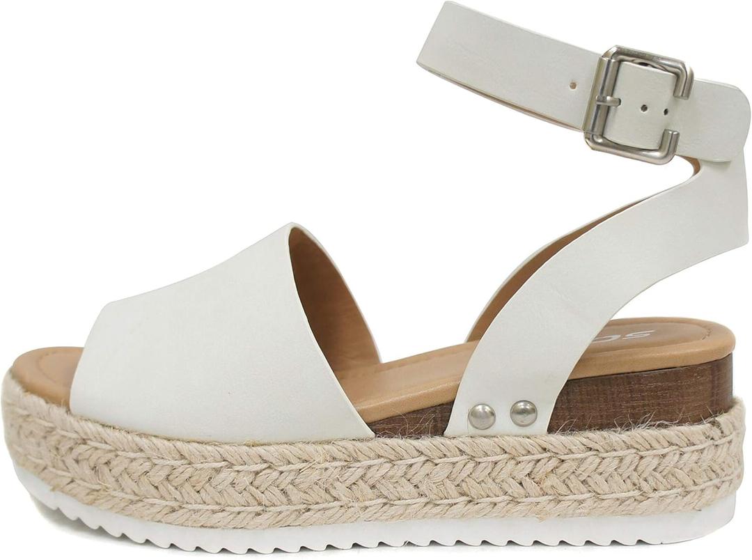 Soda Topic Open Toe Buckle Ankle Strap Espadrilles Flatform Wedge Casual Sandal (Beige)
