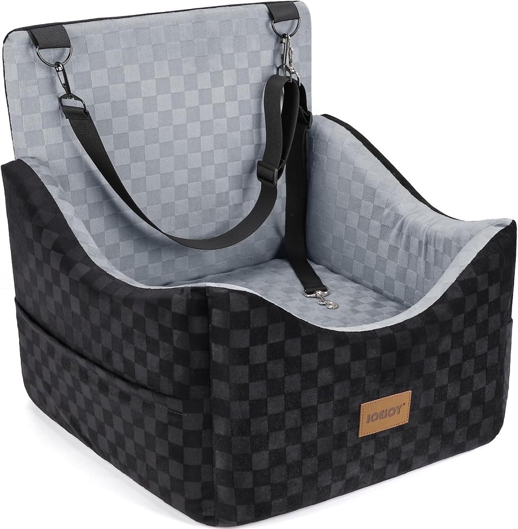 JOEJOY Elevated Dog Car Seat for Small/Medium Dogs up to 35 lbs, Memory Foam Booster Seat with Detachable Washable Cover, Travel-Safe Car Bed with Safety Belts & Storage Pockets, Grey