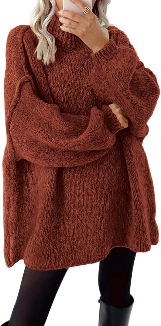 BTFBM Sweaters for Women Fall 2026 Long Sleeve Mock Neck Cable Knit Oversized Sweater Pullover Tops Thick Winter Clothes (X-Large, Rust Red)