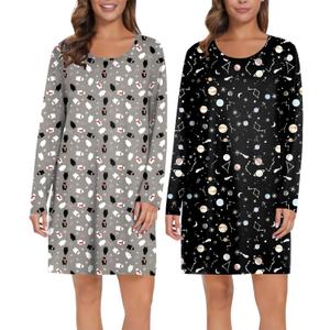 Ekouaer 2 Pack Long Sleeve Sleep Shirts for Women Soft Night Shirts Pullover Nightgowns Comfy Night Gowns Dress S-3XL (Medium, Polar Bear&planet)