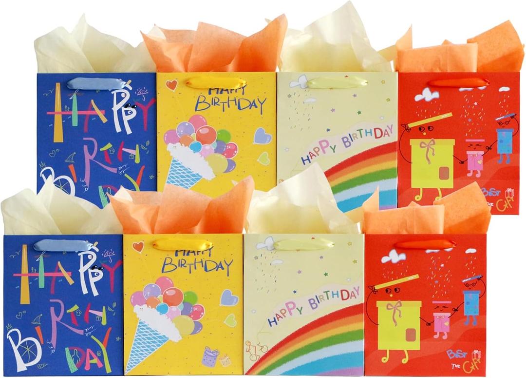 YTJXIbg Birthday Gift Bag Medium Size with Handles &Tissue Paper & Wish Card, 8 Packs 4 Assorted Designs Birthday Bag for Boys Girls.