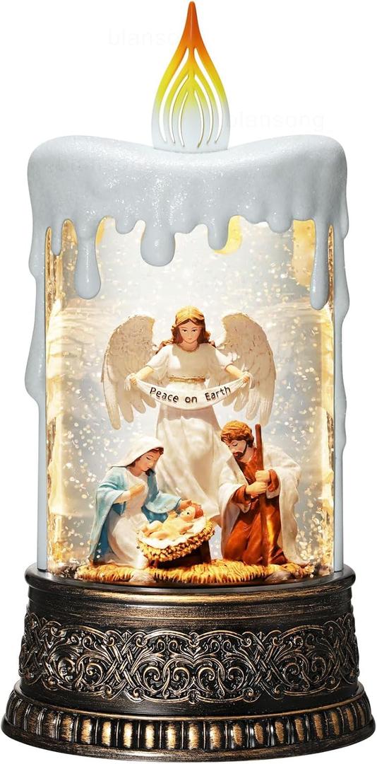 Blansong Nativity Snow Globe Candle Christmas Decorations Gifts Auto Snowfall Glitter Music Collection Angel Nativity Scene with 6H Timer USB/Battery Powered 9.7 inch