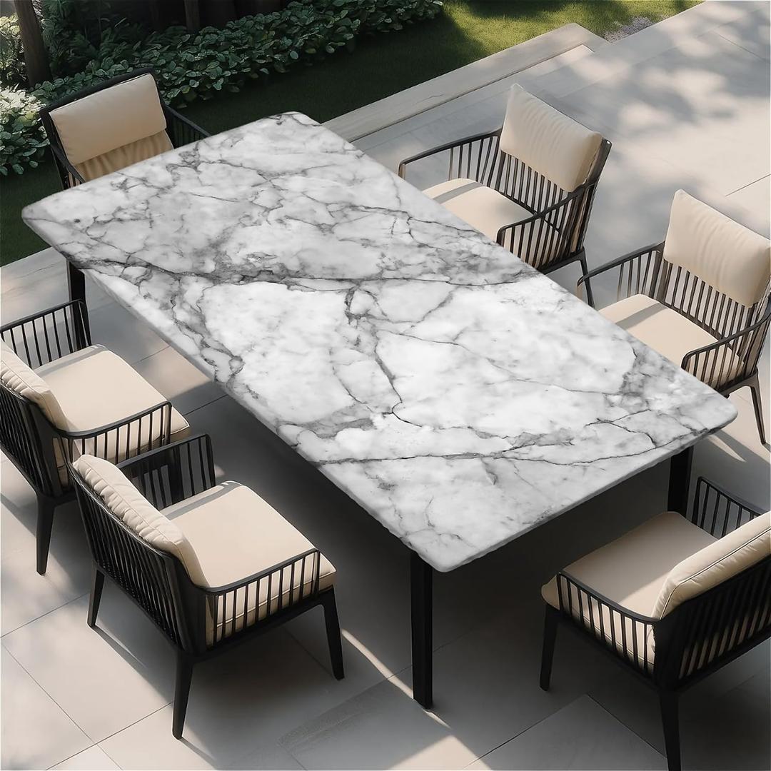 Rectangle Fitted Table Cover Waterproof Stain-Resistant Wipeable Polyester Tablecloths with Elastic Edge Design Fits 6 Foot Tables for Indoor, Picnic, Camping, Outdoor, 60" x 30" (White Marble)