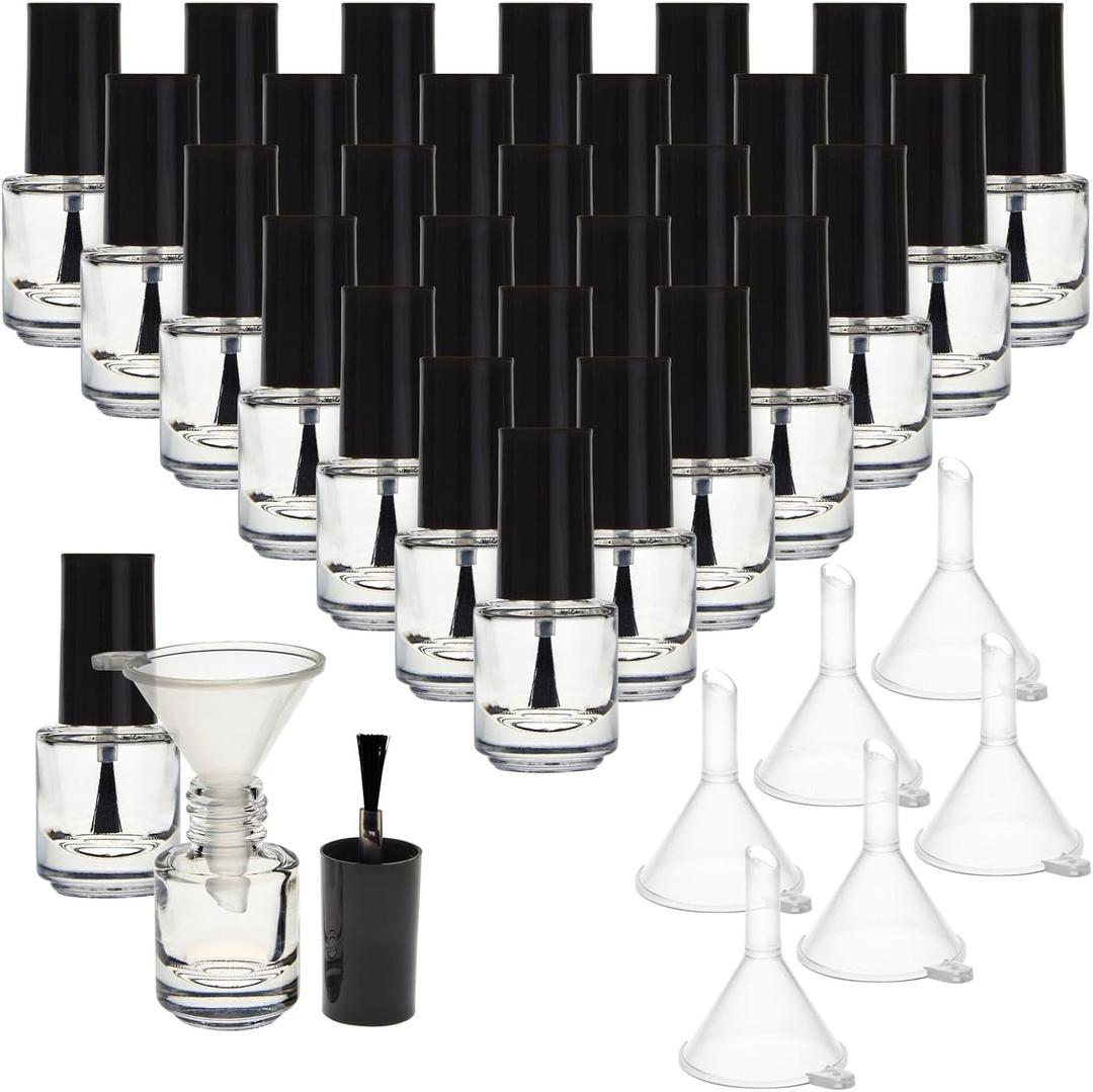 Bright Creations 30 Pack Mini Empty Nail Polish Bottles with Brush Cap, 5ml Refillable Glass Containers with 6 Plastic Funnels - Nail Polish Bottle