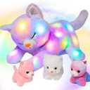 Hopearl LED Plush Cat Lighting Up Stuffed Mommy Cat with 3 Baby Kittens in her Tummy Stuffed Animal Playset Night Lights Glow in The Dark for Mom Kids Toddler Girls, Rainbow, 18''