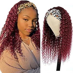 Ombre 1B99J Deep Wave Headband Wig Burgundy Human Hair Wig Dark Root 130% Density Brazilian Virgin Hair Machine Made Wigs for Women Wine Red Color 12 Inch
