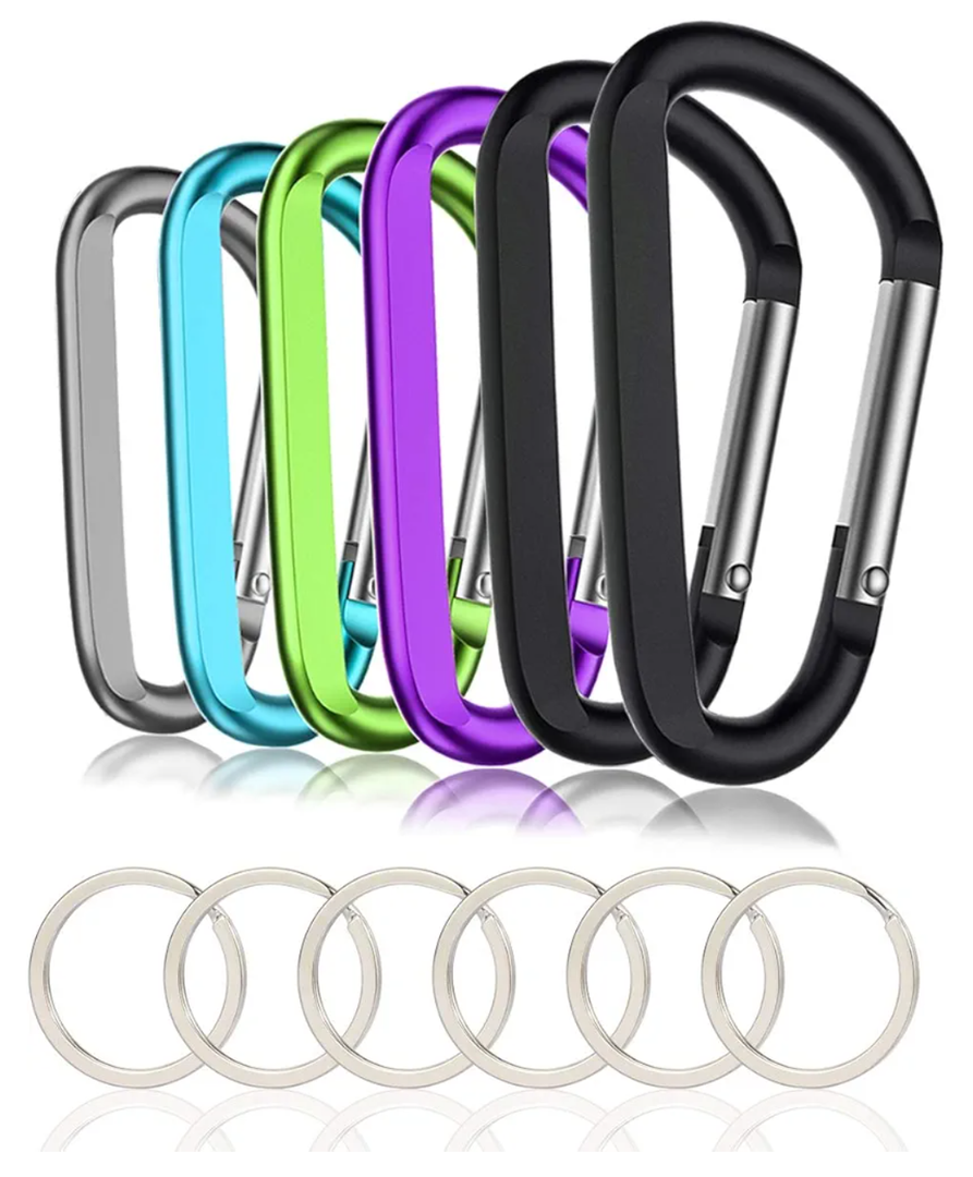 Rhin 7PCS Black Carabiner Caribeaner Clip,3" Large Aluminum D Ring Shape Carabeaner with 7PCS Keyring Keychain Hook…