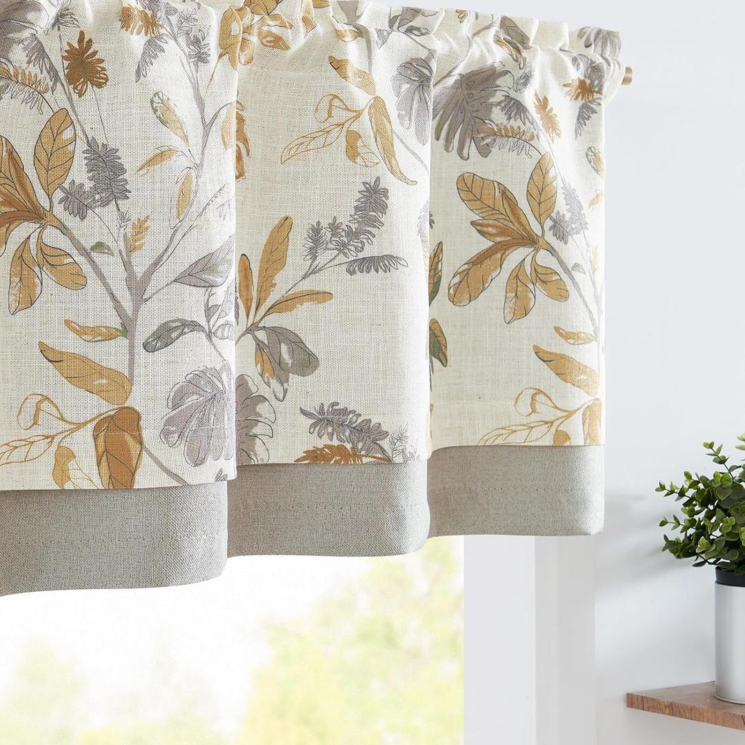 jinchan Linen Valance Double Layer Kitchen Window Curtain Yellow Leaf on Beige Valance for Living Room Cafe Farmhouse Room Darkening Rustic French Country Curtain 18 Inch Rod Pocket 1 Panel